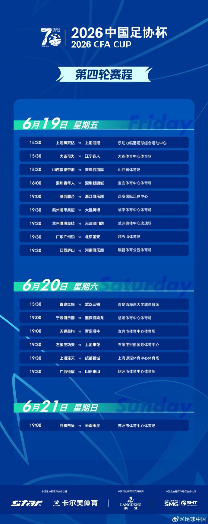 足协杯第4轮赛程出炉 16支中超队6月19-21日登场