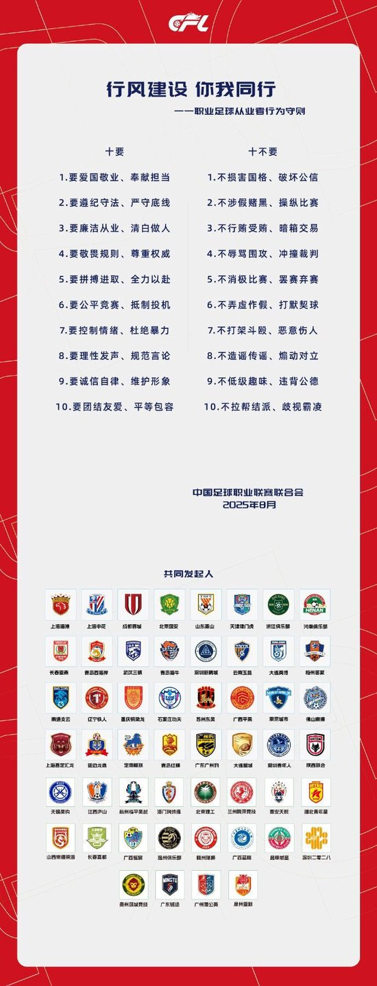 中足联联合俱乐部发布“十要十不要”行为守则