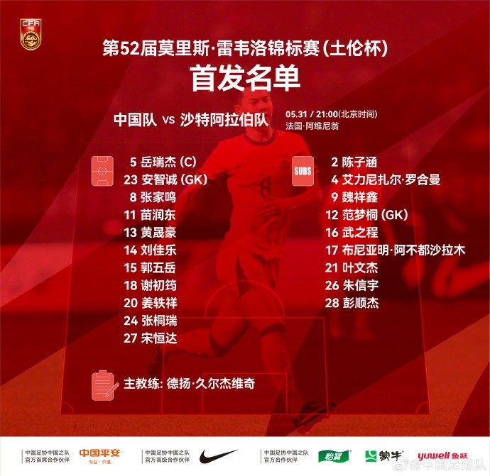 土伦杯中国U23首发对阵沙特 陶强龙领衔攻击线