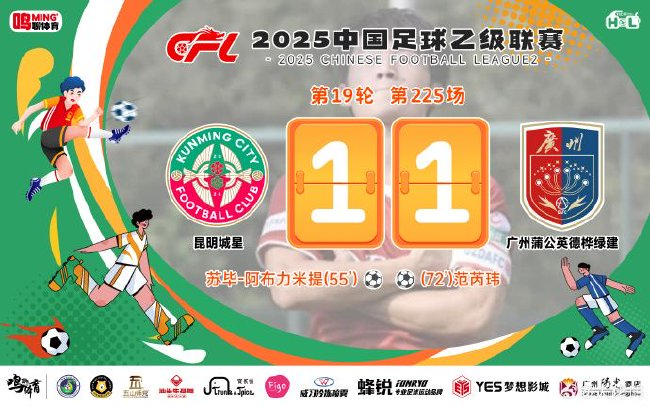 中乙-广州蒲公英客场1-1昆明 范芮玮连场破门冲四仅剩3轮落后3分 中乙-广州蒲公英客场1-1昆明 范芮玮连场破门冲四仅剩3轮落后3分