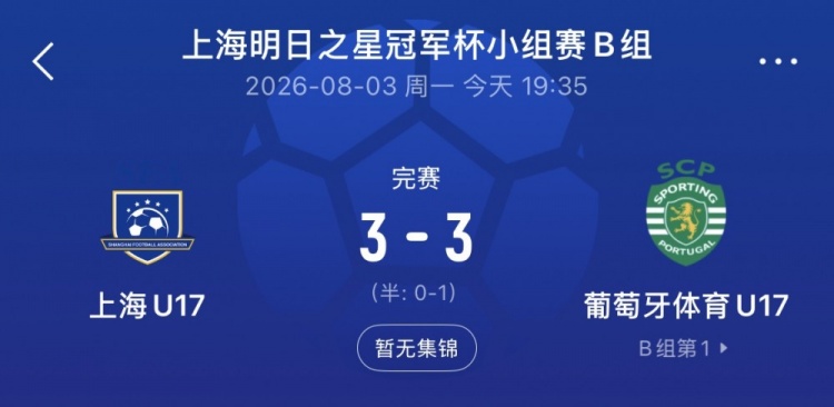 梁锦鸿双响救主 上海U17两球落后3-3逼平葡体U17