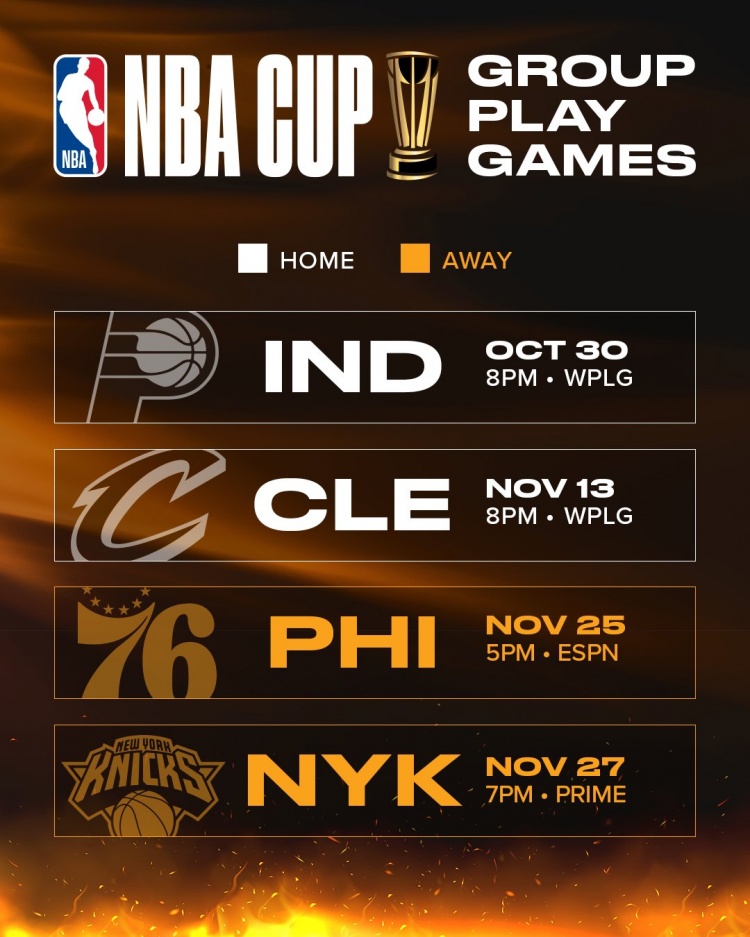 热火NBA杯B组赛程公布 两主两客对阵四支季后赛球队 热火NBA杯B组赛程公布 两主两客对阵四支季后赛球队